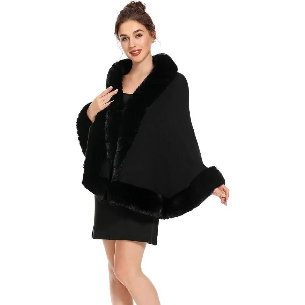 Zlyc Women Winter Faux Fur Shawl Stole  Warm Wrap Cape - Black